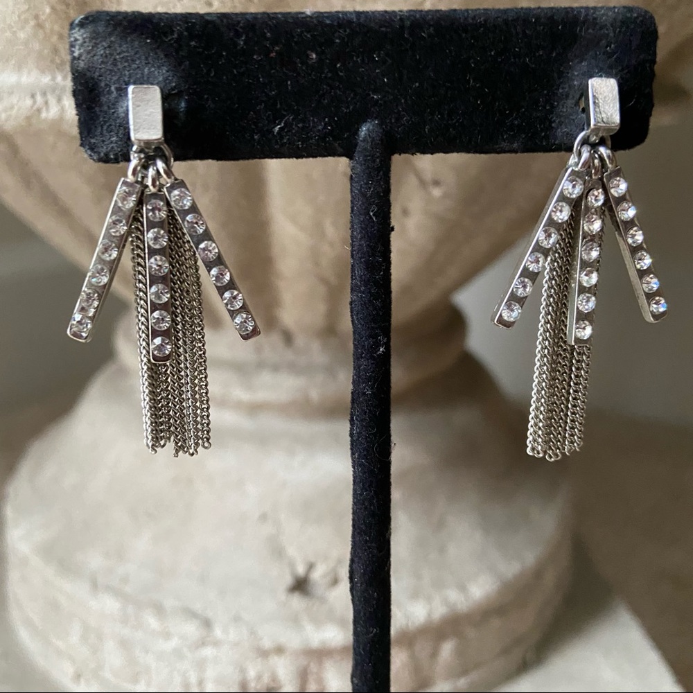 Silver Rhinestone bar fringe earrings